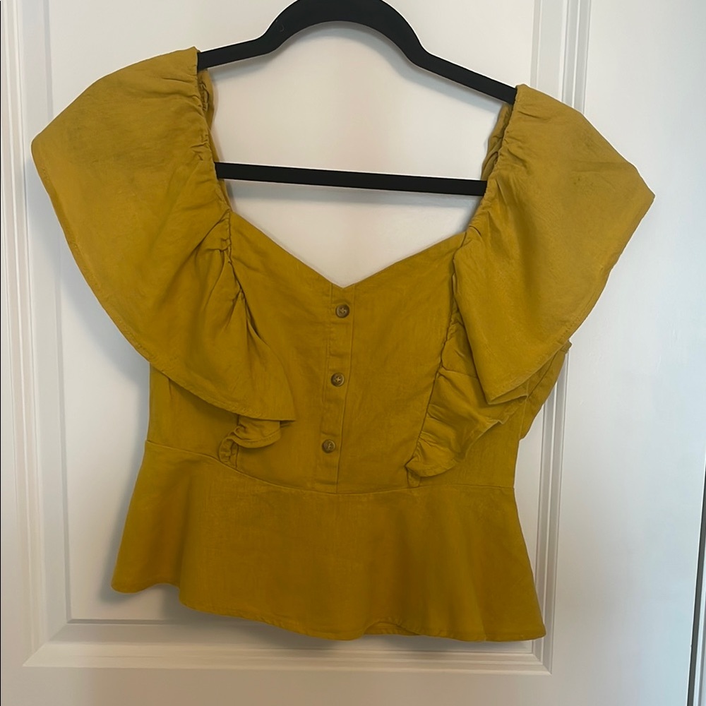 Linen Mustard yellow peplum Ruffle Sleeve Women's Top